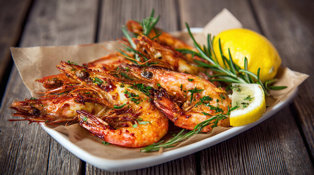 Succulent grilled shrimp, seasoned to perfection, with a touch of fresh herbs, lemon garnish, resting on wooden backdrop. A culinary delight!