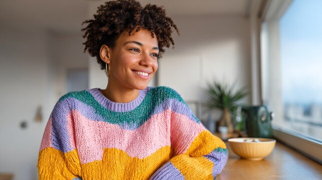 Woman posing indoors, smiling at camera, wearing colorful sweater.