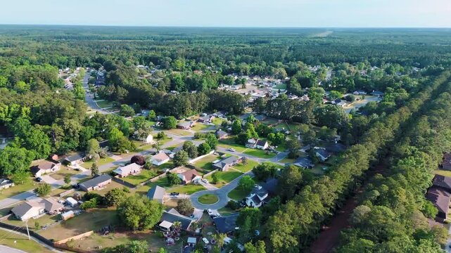 Aerial landscape of Richmond Hill residential area sunny summer day in Bryan County Georgia