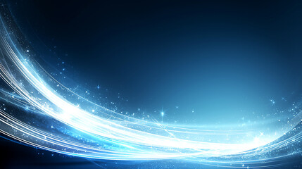 Dynamic abstract blue background with glowing light trails, speed lines, and glittering particles.