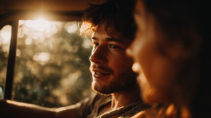 Man and woman in truck during sunset.