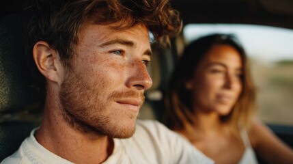 A young couple in a car during sunset.