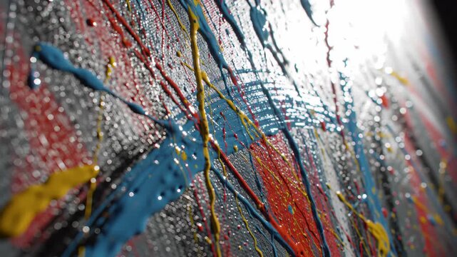 Abstract expressionist painting with vibrant colorful splashes close up