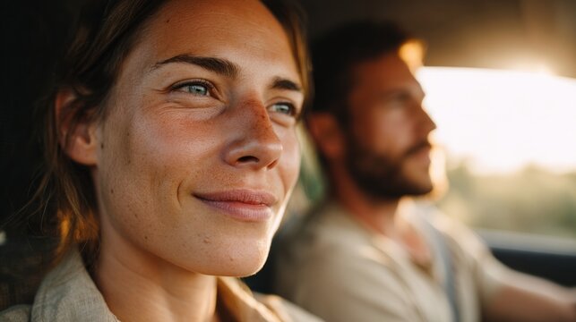 Couple in car during sunset. - Powered by Adobe