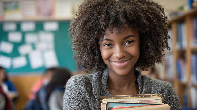 A student smiles while carrying books in the library or classroom, with shelves and a chalkboard in the background. Positive school vibes.