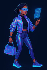 Futuristic Cyberpunk Woman Walking with Holographic Tablet Illustration