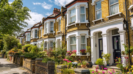Fototapeta premium Row of charming terraced houses with manicured gardens and brick pathways, showcasing classic architectural style and neighborhood ambiance.