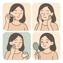 Four-Step Skincare Routine Illustration of Woman Applying Products