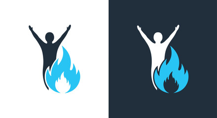Man with arms raised silhouette and blue flame icons in two color variations -  Glyph solid icon - Editable modern style icon.