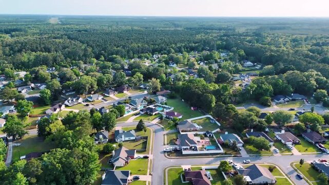 Aerial landscape of Richmond Hill residential area sunny summer day in Bryan County Georgia