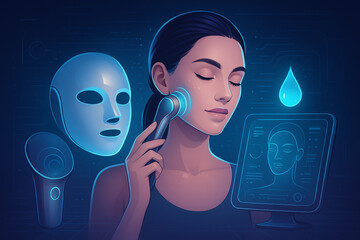 Futuristic Skincare Technology Illustration with Woman Using Facial Device