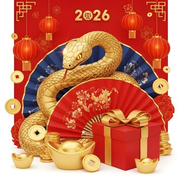 Chinese new year 2026 snake with gift and fan isolated on white background