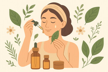 Person Applying Natural Skincare Serum with Dropper and Herbal Elements