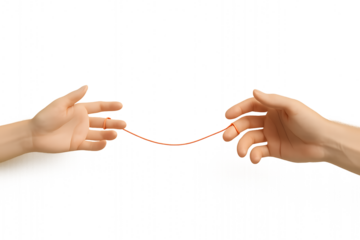 Two hands connected by a string on the little fingers.