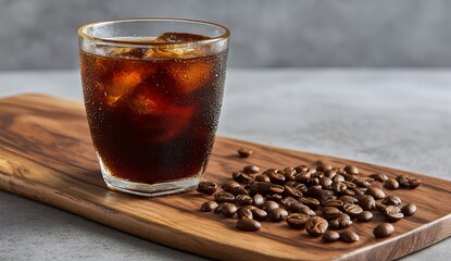 a glass of cold black coffee on an elegant wooden board, with scattered coffee beans beside it, against a beige background