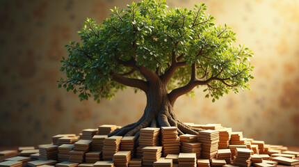 A vibrant tree flourishes atop a foundation of stacked books, symbolizing the profound connection between knowledge, growth, and the transformative power of education, set against a textured backdrop