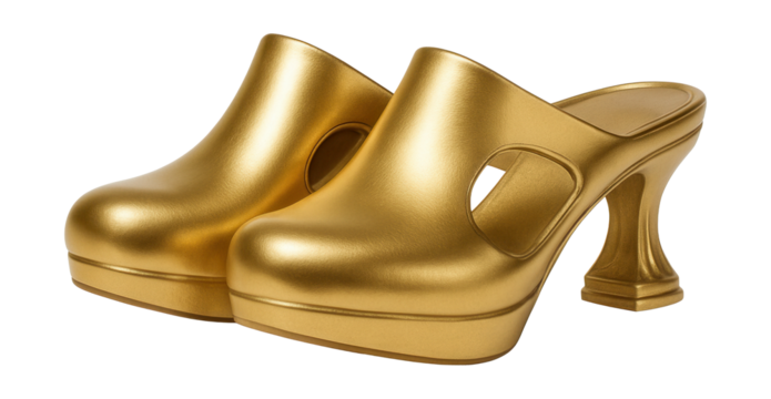 Gold metallic clogs featuring a sculpted heel and open sides for a contemporary look.
