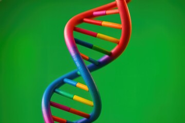 Colorful DNA Model Against a Vibrant Green Background Featuring a Twisting Helix Structure Captured in Closeup View With Shallow Depth Of Field