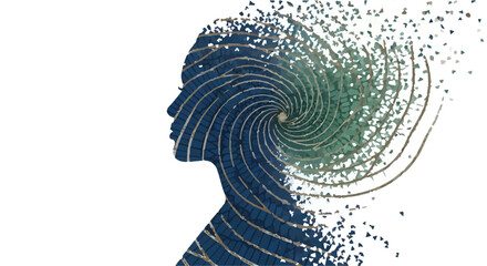 Abstract silhouette of a woman's head dissolving into a swirling vortex of particles, representing thoughts or ideas.