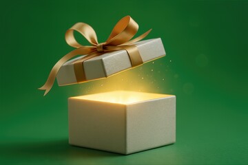 A Gift Box With A Golden Ribbon Glowing From Inside On A Green Background Capturing A Magical And Mysterious Atmosphere With Shallow Depth Of Field