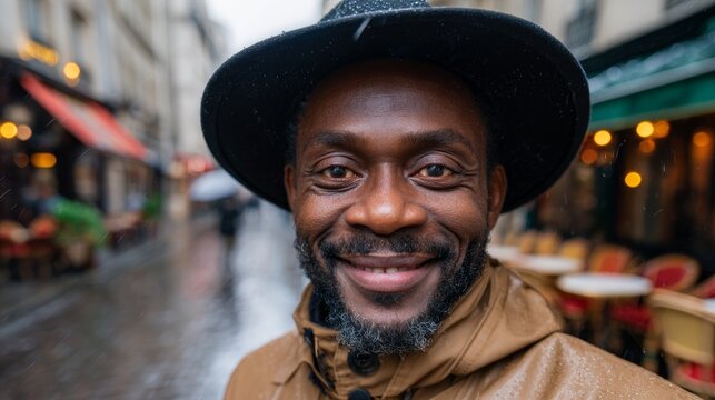 Man wearing hat, smiling at camera, standing on wet street during rainy day. - Powered by Adobe