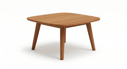 Fototapeta premium Sleek Mid-Century Modern Square Wood Table with Rounded Corners Isolated on White.