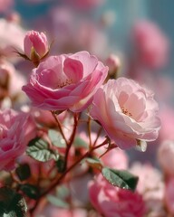 Fototapeta premium Delicate Pink Roses in Morning Bloom with Dew Drops and Soft Background