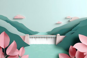 Stylized paper craft illust n of a hydroelectric dam in a mountain valley with water flowing and pink foliage