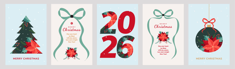 Charming 2026 Christmas card set with festive tree, poinsettias, holly, snowflakes, bows,and ribbons.Soft pastel tones and elegant typography create a joyful, warm, and celebratory holiday mood.Vector