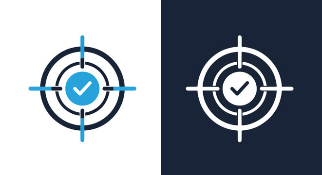 Two target icons with checkmark success achievement goal completion accurate shot strategy -  Glyph solid icon - Editable modern style icon.