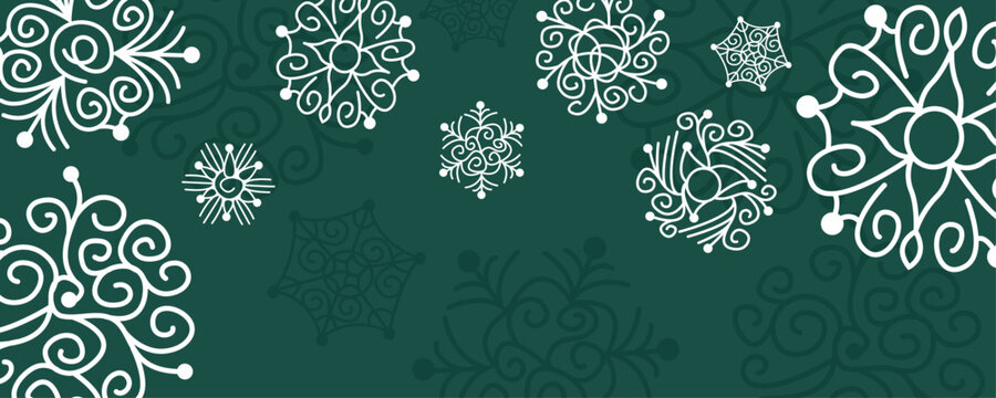 Delicate snowflakes vector pattern in  openwork style on dark green background.  Flat Christmas illustration for greeting card or banner