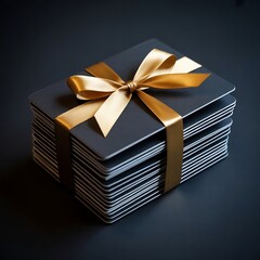 Stack of gift cards tied with a gold ribbon on a dark background