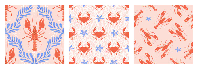 Lobster, Crab Seamless Pattern Set with Seaweed and coral on pink Background. Whimsical Vintage coastal print with retro seafood illustration and ocean life. Perfect for marine designs, seaside decor