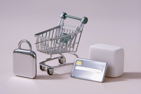 Online shopping security concept with miniature cart and credit card - Powered by Adobe