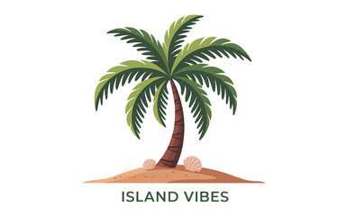 Tropical palm tree on small island paradise with 'island vibes' text isolated on transparent background
