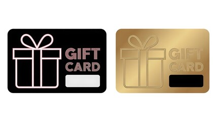 Two gift cards, one black with pink outline and one gold, isolated on white background