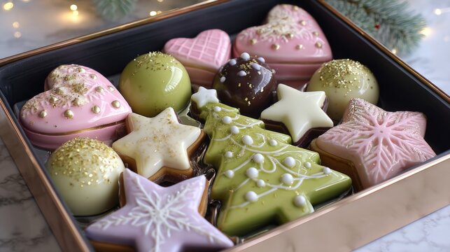 Festive holiday cookies in a decorative box, showcasing various shapes and vibrant colors, ideal for seasonal celebrations and gatherings with friends and family