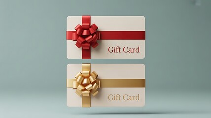 Two gift cards with red and gold ribbons on a light blue background