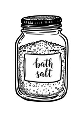 Glass jar of bath salts with handwritten label design, black and white vector illustration on transparent background      