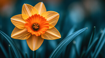 A detailed photo of a yellow daffodil with an orange center