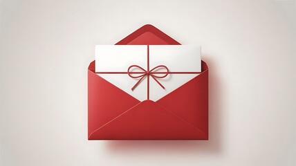 Red envelope with a white card tied with a bow isolated on white background