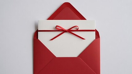 A red envelope with a white card tied with a red ribbon inside it