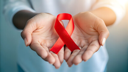 hands holding red awareness ribbon representing world aids day and support for hiv awareness
