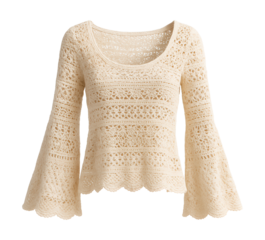 Cream crochet top with bell sleeves and scalloped hem in a bohemian style.