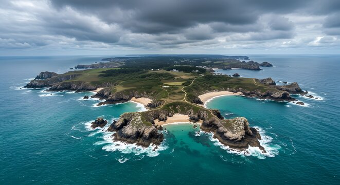 Aerial view of a rugged island coastline with sandy beaches and dramatic clouds