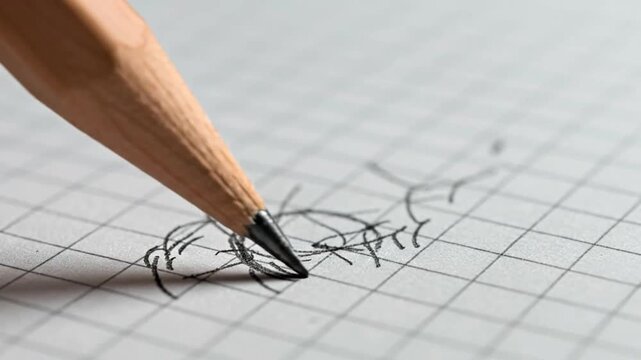 A sharp wooden pencil with a dark lead is actively scribbling on a piece of graph paper.