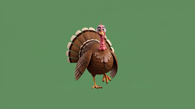 Cartoon Turkey Standing Proudly on a Green Background.