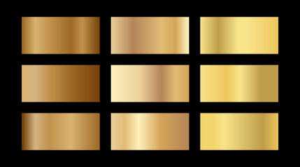 Swatch gold gradient vector set. Gold metallic texture, bronze gradients. Shiny gradient backgrounds. Rectangular swatches for luxury design, background, overlay