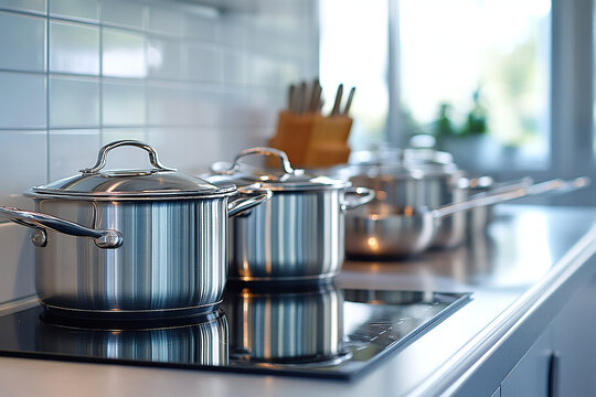 Conceptual image of modern kitchen with stainless pots, fresh vegetables, and herbs representing eco cooking, lifestyle, and culinary creativity.	