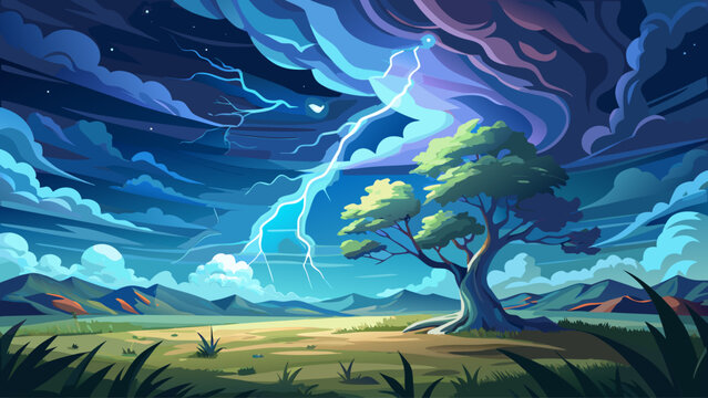 Lightning striking a lone tree in an open field, grass glowing from flash, storm clouds swirling above, powerful and emotional nature scene filled with motion